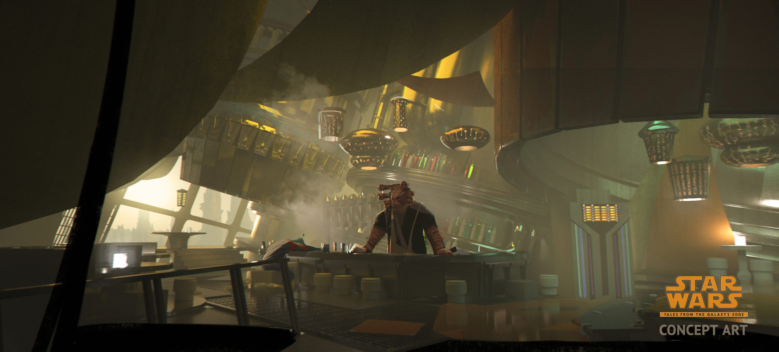 A concept art of Seezelslak's cantina: an Azumel alien standing behind the bar with a smoky/hazy environment, and what looks like a grimy but comfortable setting to sit down and hear a story.